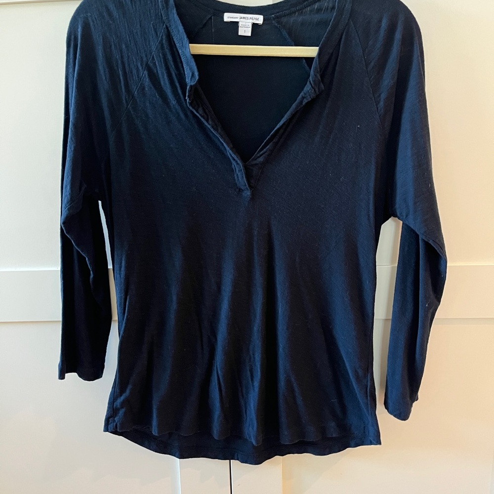 James Perse Blue Fitted 3/4 Sleeve Polo Button Down